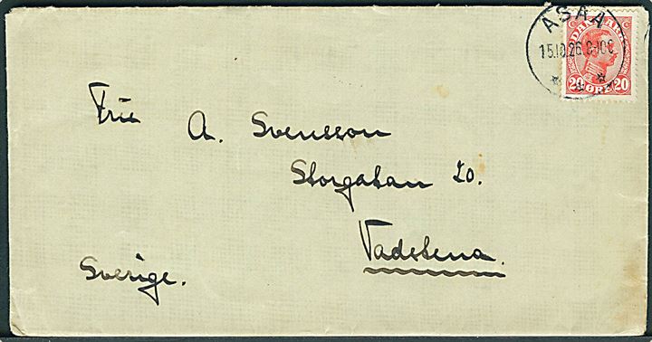 20 øre Chr. X på brev annulleret med brotype IIIb Asaa d. 15.10.1926 til Vadstena, Sverige.