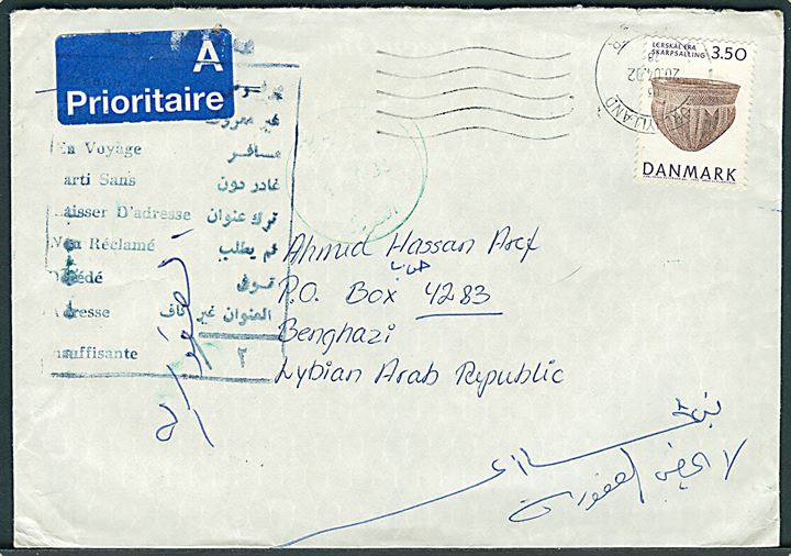 3,50 kr. Nationalmuseet på luftpostbrev stemplet Nordjyllands Postcenter d. 20.4.1992 til Benghazi, Libyen. Retur som ubekendt.