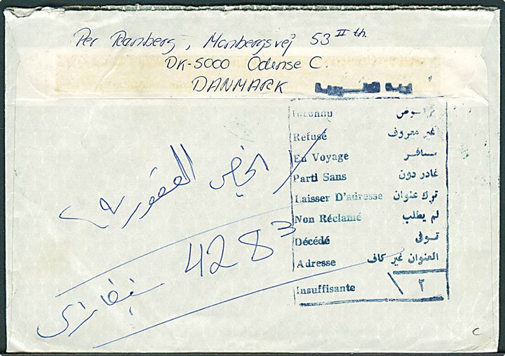 3,50 kr. Nationalmuseet på luftpostbrev stemplet Nordjyllands Postcenter d. 20.4.1992 til Benghazi, Libyen. Retur som ubekendt.