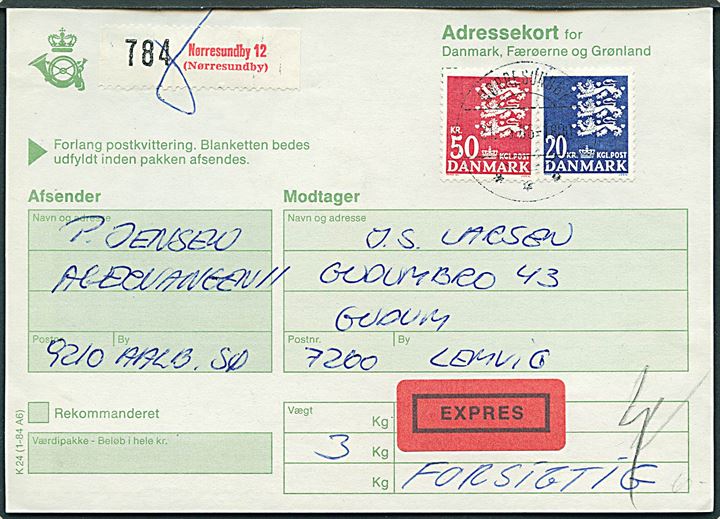 20 kr. og 50 kr. Rigsvåben på adressekort for eksprespakke fra Nørresundby d. 21.3.1986 til Lemvig.