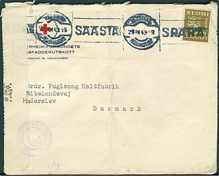 3½ mk. Løve på fortrykt kuvert fra Mannerheim-Förbundets Krigsfadderutskott i Helsingfors d. 29.9.1943 til Haderslev, Danmark. Åbnet af dansk og finsk censur.