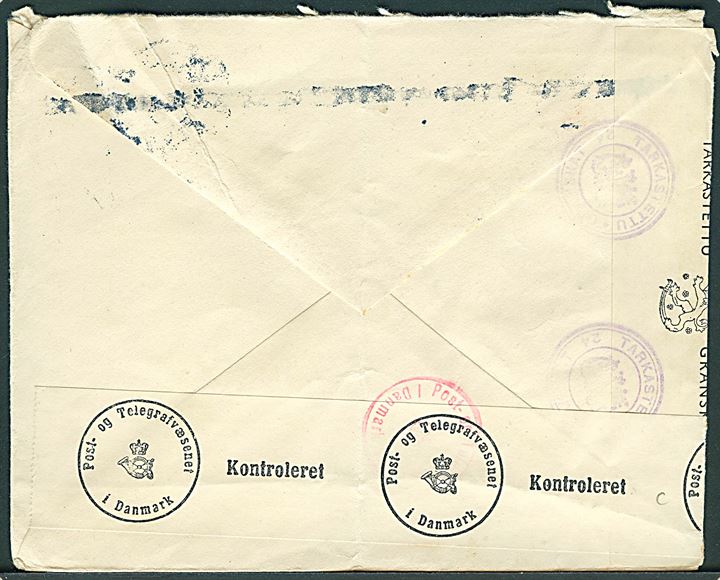 3½ mk. Løve på fortrykt kuvert fra Mannerheim-Förbundets Krigsfadderutskott i Helsingfors d. 29.9.1943 til Haderslev, Danmark. Åbnet af dansk og finsk censur.