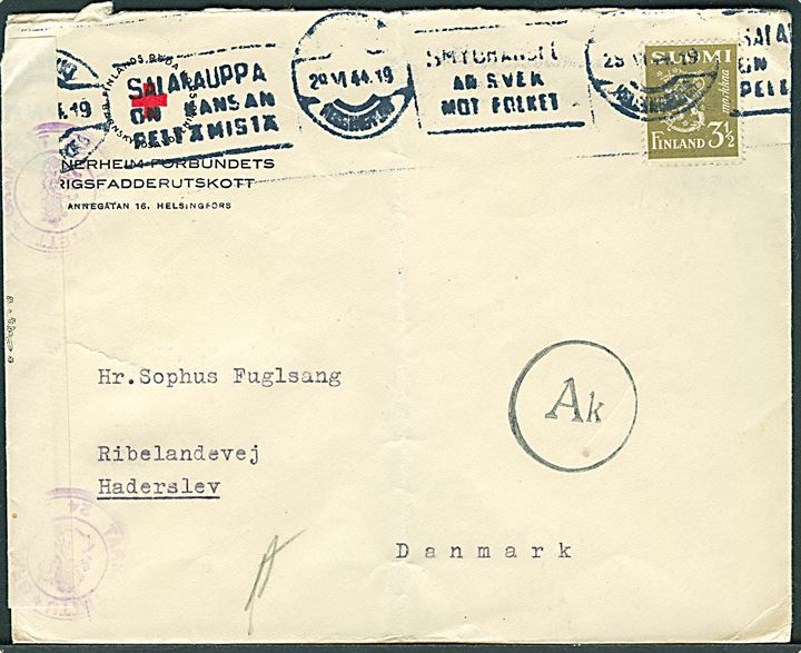 3½ mk. Løve på fortrykt kuvert fra Mannerheim-Förbundets Krigsfadderutskott i Helsingfors d. 29.6.1944 til Haderslev, Danmark. Åbnet af finsk censur og passér stemplet Ak ved censuren i København.