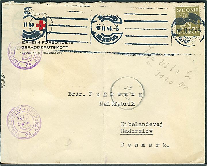 3½ mk. Løve på fortrykt kuvert fra Mannerheim-Förbundets Krigsfadderutskott i Helsingfors d. 15.2.1944 til Haderslev, Danmark. Åbnet af finsk censur og passér stemplet Ak ved censuren i København.