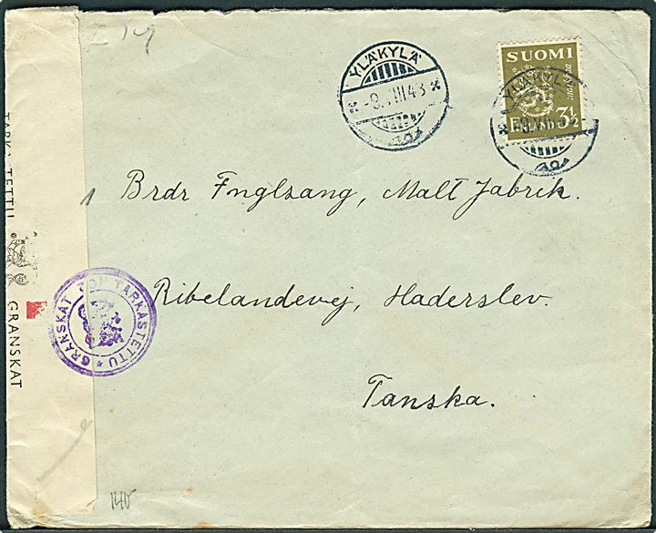 3½ mk. Løve på brev fra Yläkylä d. 9.8.1943 til Haderslev, Danmark. Åbnet af både finsk og dansk censur.