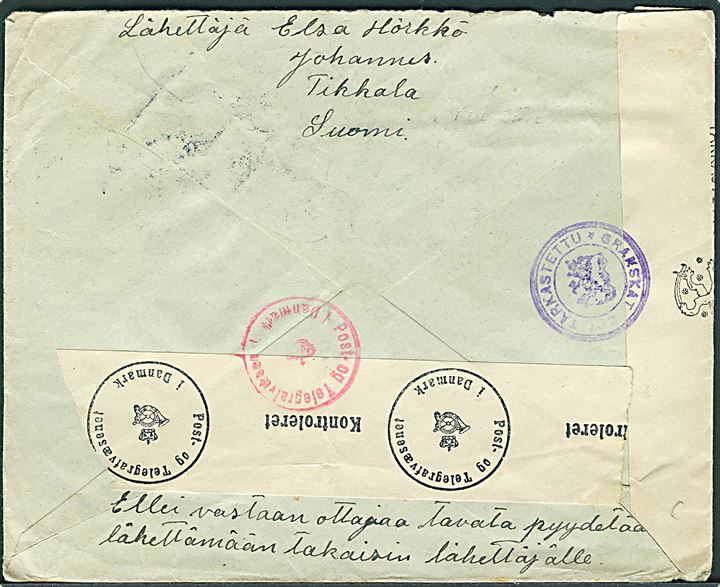 3½ mk. Løve på brev fra Yläkylä d. 9.8.1943 til Haderslev, Danmark. Åbnet af både finsk og dansk censur.