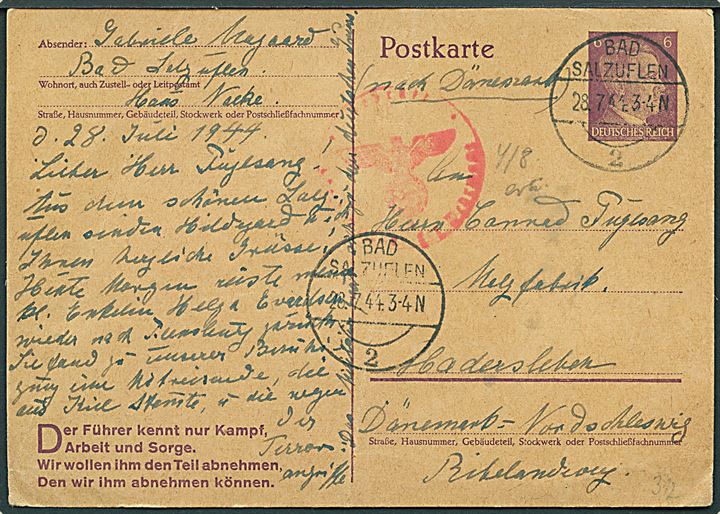 6 pfg. Hitler helsagsbrevkort fra Bad Salzuflen d. 28.7.1944 til Haderslev, Danmark. Tysk censur fra Hamburg.
