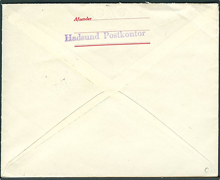20 øre helsagskuvert (fabr. 58a) annulleret med turiststempel i Hadsund d. 2.10.1942 til Statsradiofonien i København. På bagsiden liniestempel: Hadsund Postkontor.