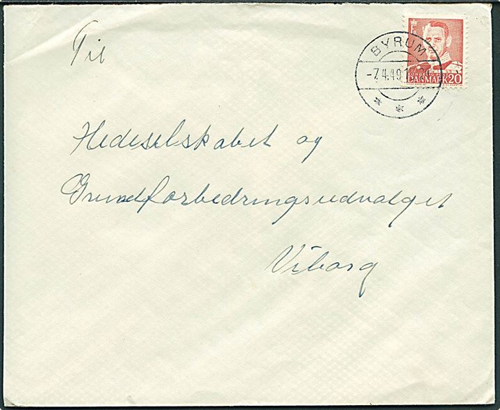 20 øre Fr. IX på brev annulleret med brotype IIc Byrum d. 7.4.1949 til Viborg.