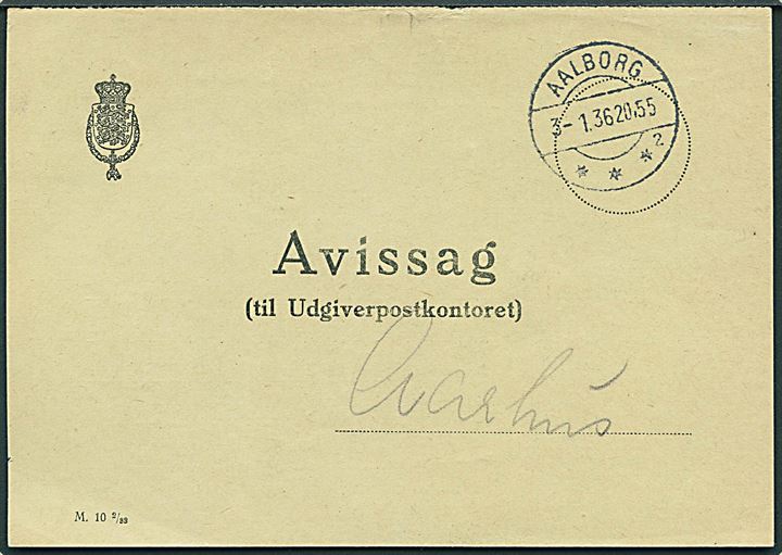 Ufrankeret avissag formular M.10 2/32 stemplet Aalborg d. 3.1.1936 til Aarhus.