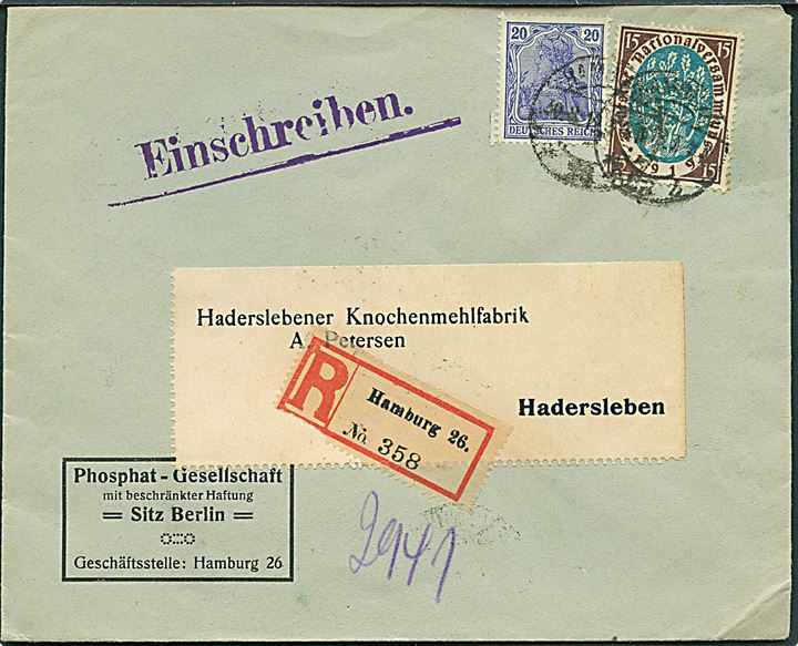 15 pfg. Weimar og 20 pfg. Germania på anbefalet brev fra Hamburg d., 30.8.1919 til Hadersleben.