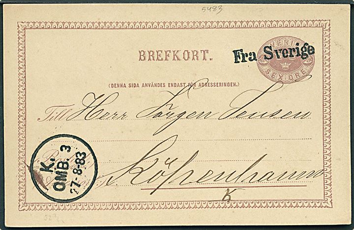 6 öre helsagsbrevkort fra Landskrona annulleret med skibsstempel Fra Sverige og sidestemplet K. OMB. 3 d. 27.8.1883 til København, Danmark.
