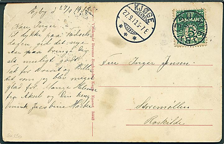 5 øre Bølgelinie på brevkort annulleret med stjernestempel EJBY (KJØGE) sidestemplet Kjøge d. 27.9.1913 til Roskilde.