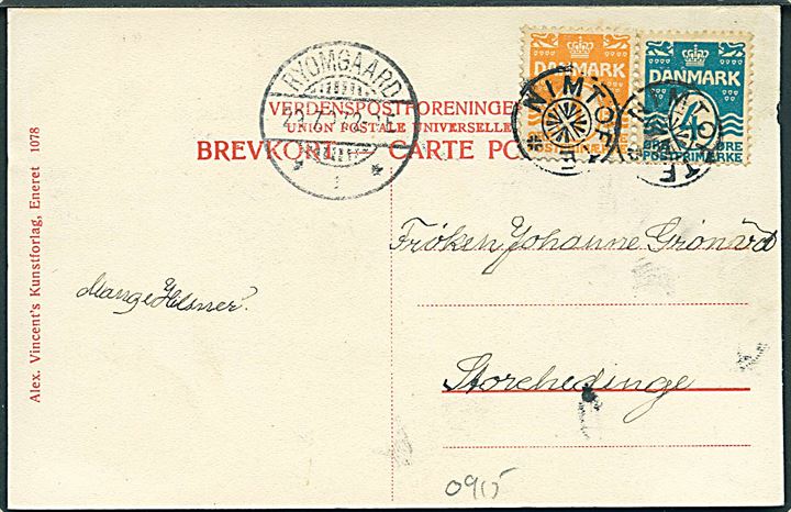 1 øre og 4 øre Bølgelinie på brevkort annulleret med stjernestempel NIMTOFTE og sidestemplet Ryomgaard d. 29.7.1907 til Storehedinge.