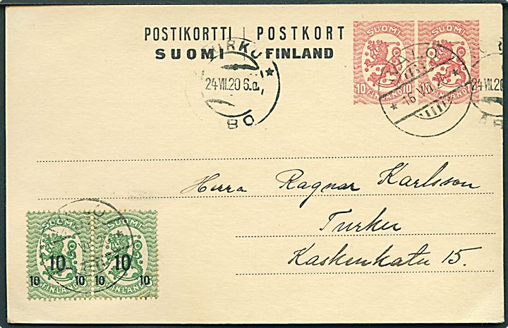 10 pen. + 10 pen. provisorisk helsagsbrevkort opfrankeret med 10/5 pen. Provisorium i parstykke fra Ivalo d. 24.7.1920 til Turku. 