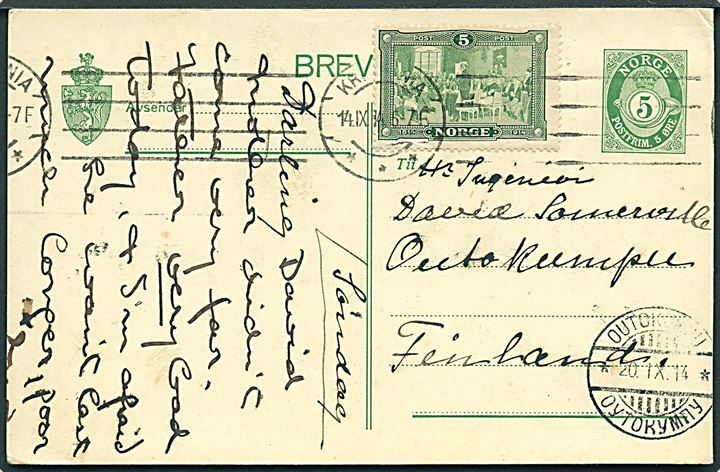 5 øre helsagsbrevkort opfrankeret med 5 øre Uafhængighed fra Kristiania d. 14.9.1914 til Outokumpu, Finland. 