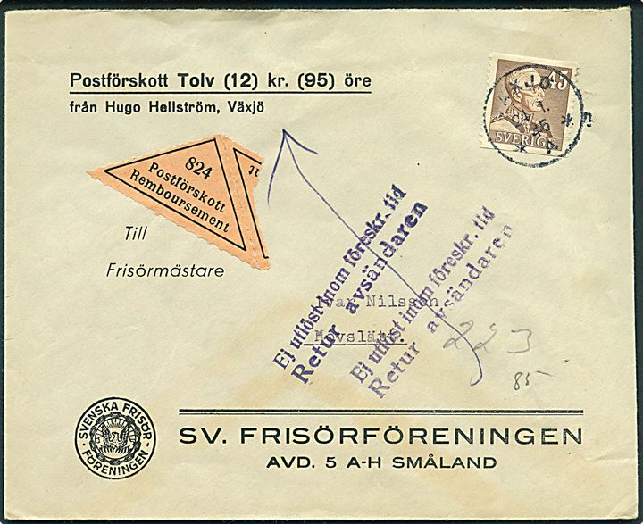 45 öre Gustaf single på brev med opkrævning fra Växjö d. 24.1.1945 til Hovslätt. Retur som ej indløst.