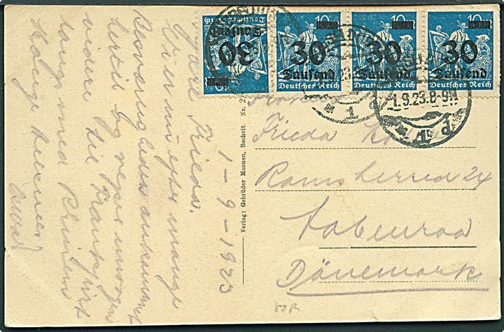 30.000/40 mk. provisorium (4) på 120.000 mk. frankeret brevkort fra Düsseldorf d. 1.9.1923 til Aabenraa, Danmark.