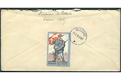 5 øre Chr. X i parstykke på brev fra Odense d. 10.1.1915 til Hillerød. På bagsiden patriotisk mærket Danmark 1914 bundet til brevet af ank.stempel Hillerød d. 11.1.1915. 