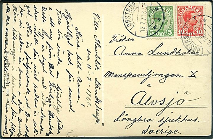 5 øre og 10 øre Chr. X på brevkort (Lønstrup bådeplads) annulleret med brotype IIb Lønstrup d. 12.7.1920 til Älvsjö, Sverige. Hj. knæk.