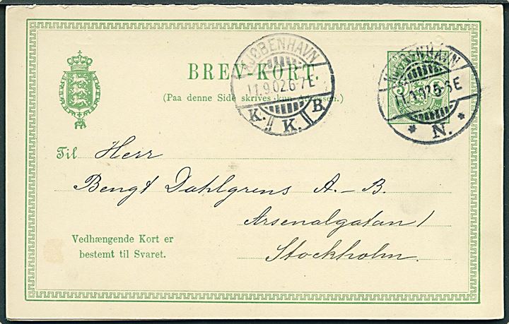 5 øre Våben dobbelt helsagsbrevkort fra Kjøbenhavn d. 11.9.1902 til Stockholm, Sverige. Vedhængende ubenyttet svardel.