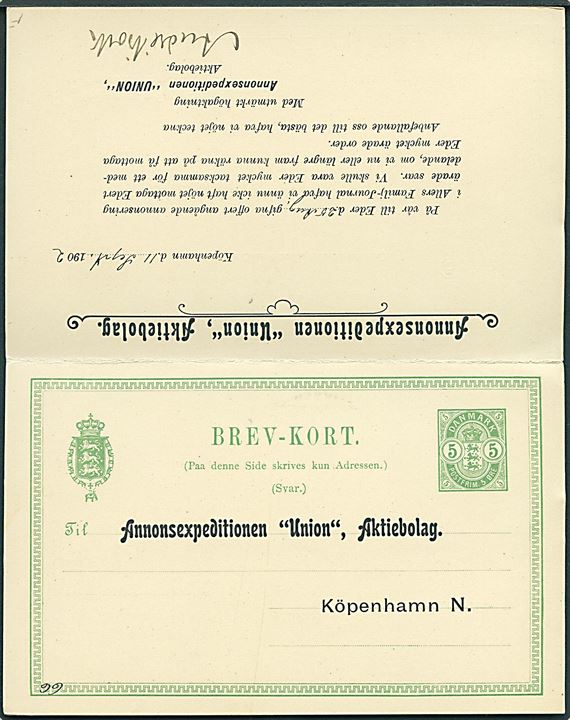 5 øre Våben dobbelt helsagsbrevkort fra Kjøbenhavn d. 11.9.1902 til Stockholm, Sverige. Vedhængende ubenyttet svardel.