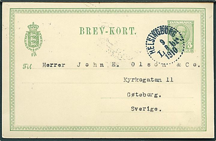 5 øre Fr. VIII helsagsbrevkort fra Helsingør annulleret med svensk stempel i Helsingborg d. 9.8.1910 til Göteborg, Sverige.