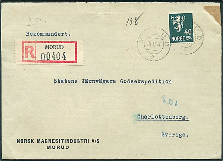 40 øre Løve single på anbefalet brev fra Morud d. 18.11.1940 til Charlottenberg, Sverige. Åbnet af tysk censur.