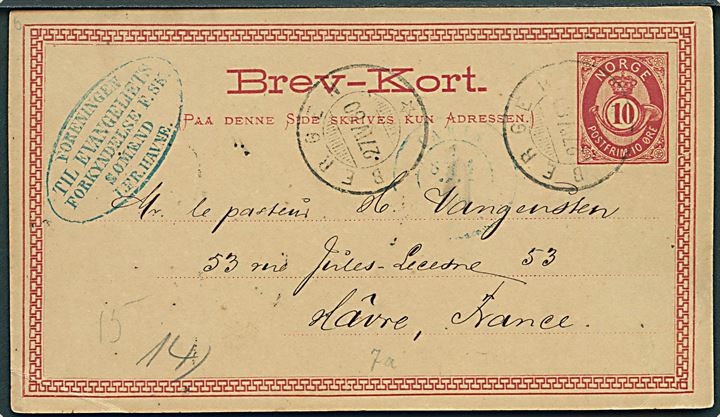 10 øre helsagsbrevkort fra Bergen d. 27.4.1880 til Havre, Frankrig.
