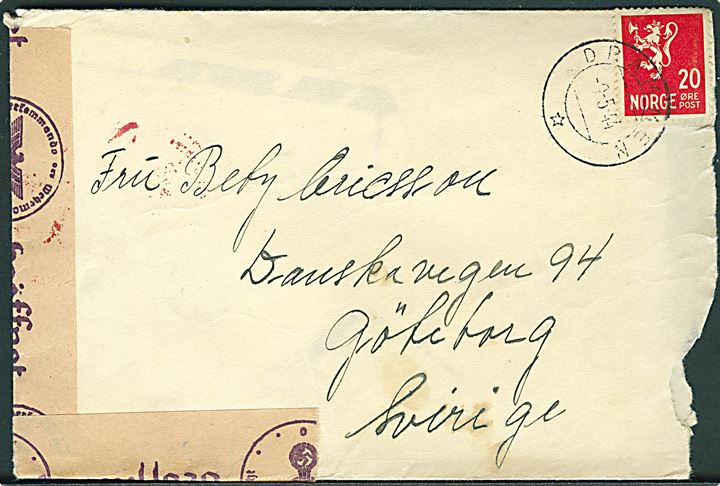 20 øre Løve på brev fra Drammen d. 9.5.1944 til Göteborg, Sverige. Åbnet af tysk censur i Oslo med stempel Forsinkelse i videreforsendelsen på grunn av manglende avsenderadresse.. Revet i Højre side. 