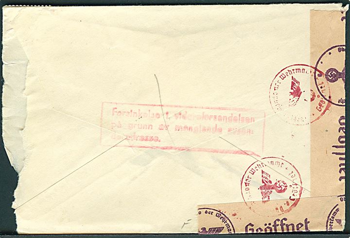 20 øre Løve på brev fra Drammen d. 9.5.1944 til Göteborg, Sverige. Åbnet af tysk censur i Oslo med stempel Forsinkelse i videreforsendelsen på grunn av manglende avsenderadresse.. Revet i Højre side. 