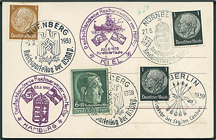 Div. udgaver på filatelistisk brevkort (Hitler/Horthy møde) annulleret med flere propagandastempler 1938-1939.