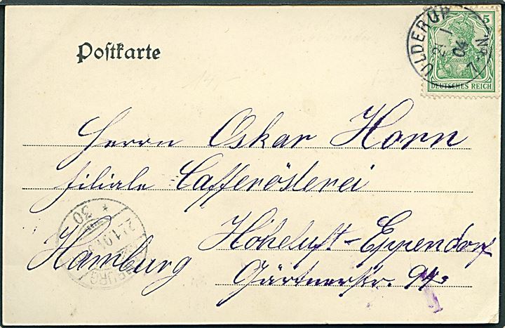 5 pfg. Germania på brevkort (Gruss aus Satrupholz) annulleret med enringsstempel Ulderup d. 21.1.1904 til Hamburg.