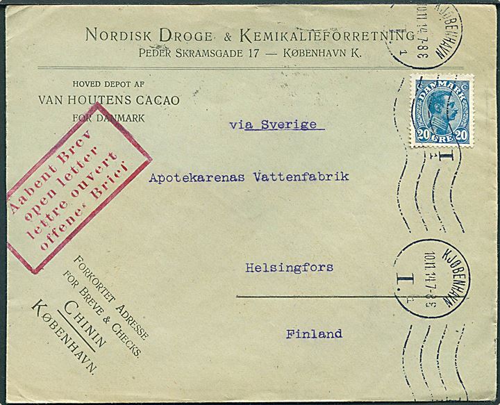 20 øre Chr. X på brev fra Kjøbenhavn d. 10.11.1914 påskrevet via Sverige til Helsingfors, Finland. Stort 4-sproget stempel Aabent Brev og på bagsiden finsk censur fra Helsingfors.