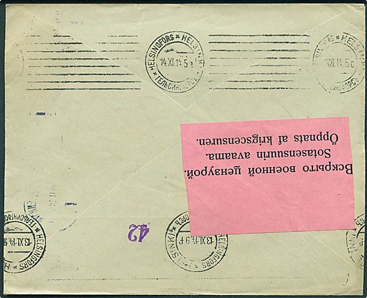 20 øre Chr. X på brev fra Kjøbenhavn d. 10.11.1914 påskrevet via Sverige til Helsingfors, Finland. Stort 4-sproget stempel Aabent Brev og på bagsiden finsk censur fra Helsingfors.