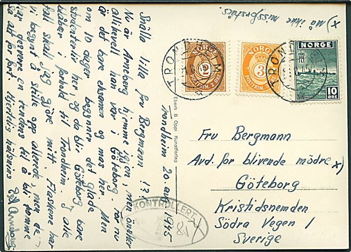 2 øre, 3 øre Posthorn og 10 øre London udg. på brevkort (Udsigt over Trondheim) fra Trondheim d. 21.8.1945 til Göteborg, Sverige. Norsk efterkrigscensur: Kontrolleret No. (854).