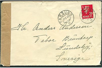20 øre Løve på brev fra Farsund d. 29.5.1940 til Sundsby, Sverige. Åbnet af tidlig tysk censur i Norge med neutral brun banderole stemplet ÅPNET VED TYSK CENSUR.