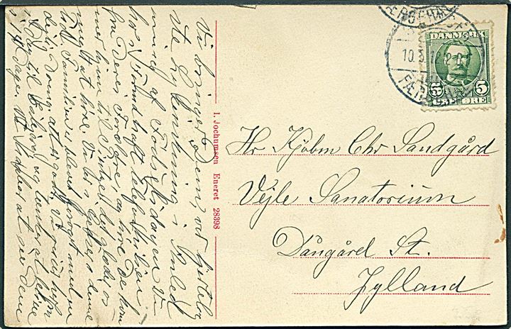 5 øre Fr. VIII på brevkort (Udsigt over Gedser) annulleret med brotype Ia Gjedser Færgehal d. 10.5.1912 til Vejle Sanatorium pr. Daugaard St.