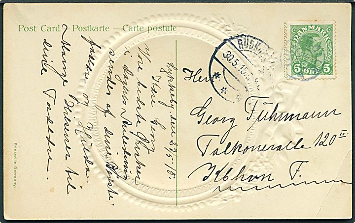 5 øre Chr. X på brevkort annulleret med svagt stjernestempel TULLEBØLLE og sidestemplet Rudkjøbing d. 30.5.1915 til København.