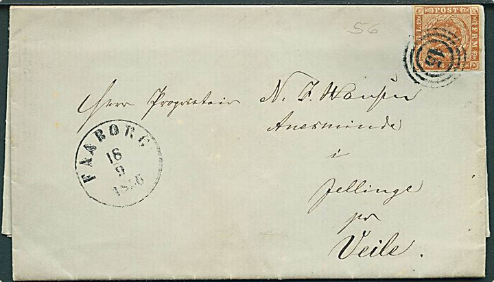 4 sk. 1854 udg. på brev annulleret med nr.stempel 15 og sidestemplet antiqua Faaborg d. 18.9.1856 til Jellinge pr. Veile.