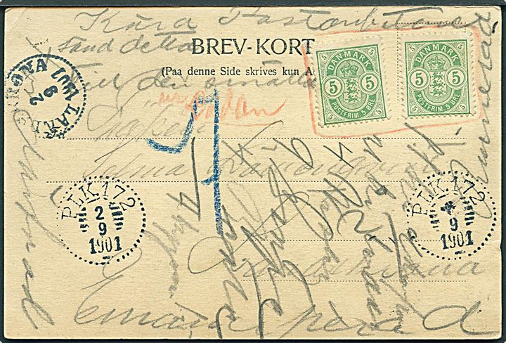 5 øre Våben (2) markeret ugyldig på brevkort fra Helsingør sidestemplet PLK 172 (= Hässleholm-Helsingborg) og påskrevet ur Lådan (Kassebrev) til Landskrona, Sverige. Udtakseret i svensk porto.