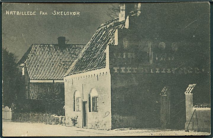 5 øre Chr. X på brevkort (Natbillede fra Skelskør) annulleret med bureaustempel Dalmose - Skjelskør T.210 d. 28.6.1914 til Aarhus.