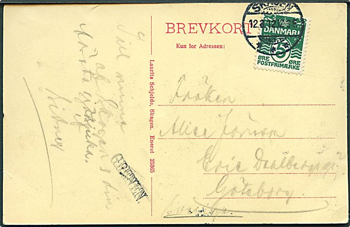 5 øre Bølgelinie på brevkort (Skagen Fyr) stemplet Skagen d. 12.8.1912 til Göteborg, Sverige. Sort privat liniestempel GRENEN - antagelig fra postkort kiosk på Grenen.