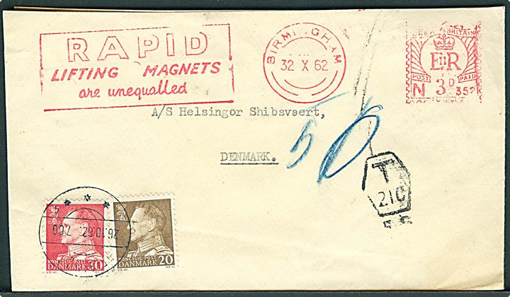 Engelsk 3d franko-frankeret brev fra Birmingham d. 32.10.1962 (Fejlindstillet dato) til Helsingør, Danmark. Underfrankeret og udtakseret i porto med 20 øre og 30 øre Fr. IX anvendt som portomærker i Helsingør d. 26.10.1962.