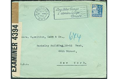 40 øre Karavel på brev fra København d. 21.11.1941 til New York, USA. Åbnet af tysk censur i Berlin og britisk censur på Bermuda PC90/4394 påskrevet I.C..