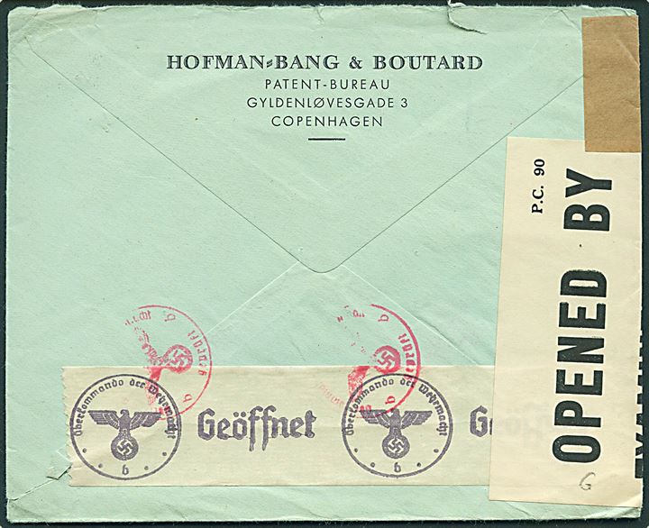 40 øre Karavel på brev fra København d. 21.11.1941 til New York, USA. Åbnet af tysk censur i Berlin og britisk censur på Bermuda PC90/4394 påskrevet I.C..