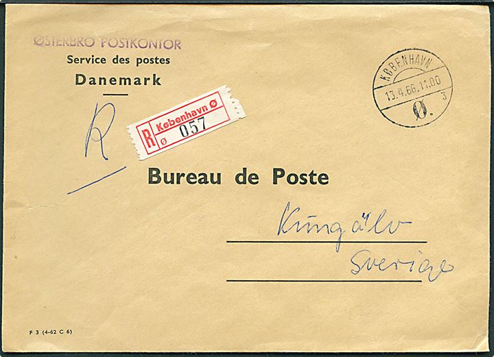 Ufrankeret postsag F3 (4-62 C6) sendt anbefalet fra København Ø d. 13.4.1966 til postkontoret i Kungälv, Sverige.