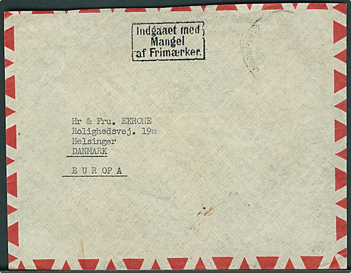 Luftpostbrev fra Buenos Aires, Argentina ca. 1960 med rammestempel Indgaaet med Mangel af Frimærke til Helsingør, Danmark.