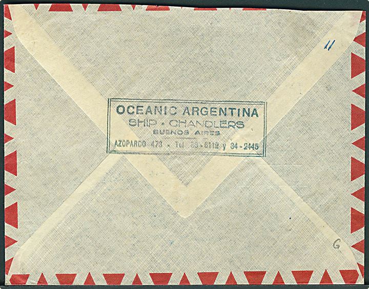 Luftpostbrev fra Buenos Aires, Argentina ca. 1960 med rammestempel Indgaaet med Mangel af Frimærke til Helsingør, Danmark.