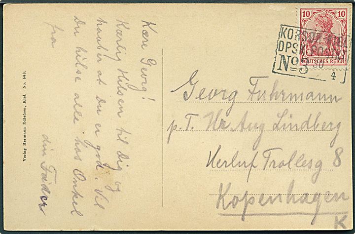 10 pfg. Germania på brevkort (SMS Deutschland) annulleret med skibsstempel Korsør-Kiel DPSK:POSTKT: No. 3 d. 30.4.191x til København, Danmark.